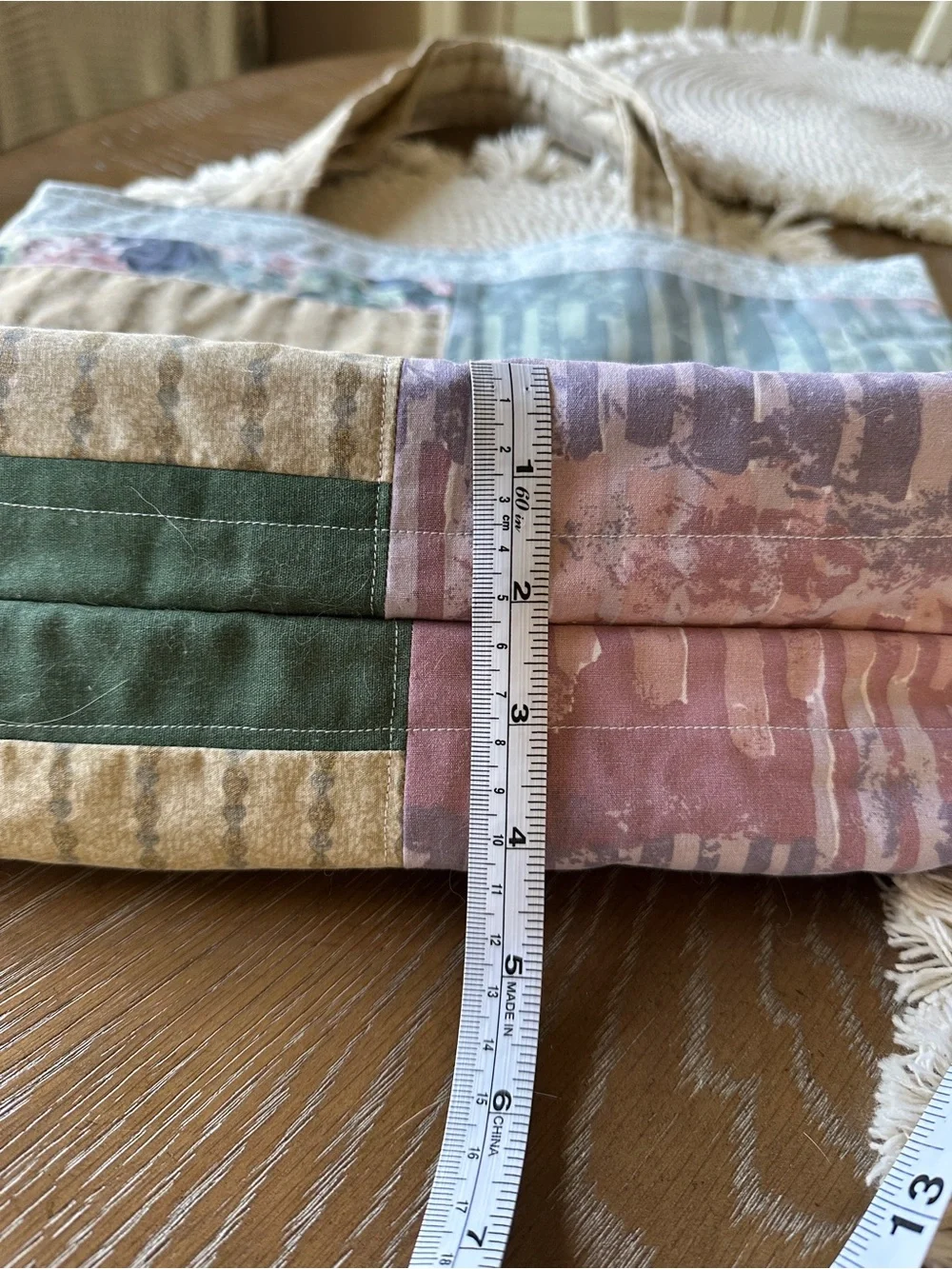 Handmade Patchwork Tote Bag in Blue, Lavender & Cream